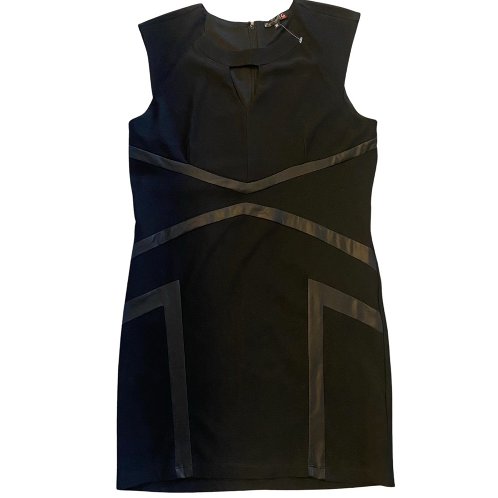 Guess Black on Black Faux Leather Trim Shift Dress Sleeveless Office Cocktail